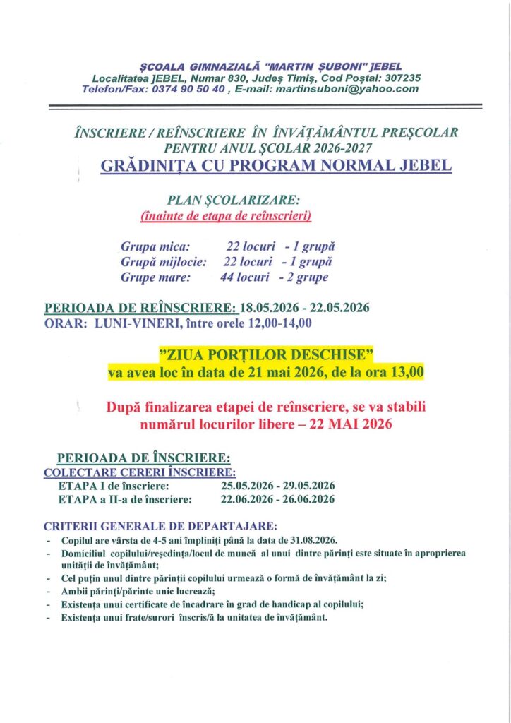 Afis inscriere Gradinita 2026 2027